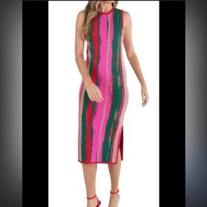 Pink and Green Striped Midi Dress